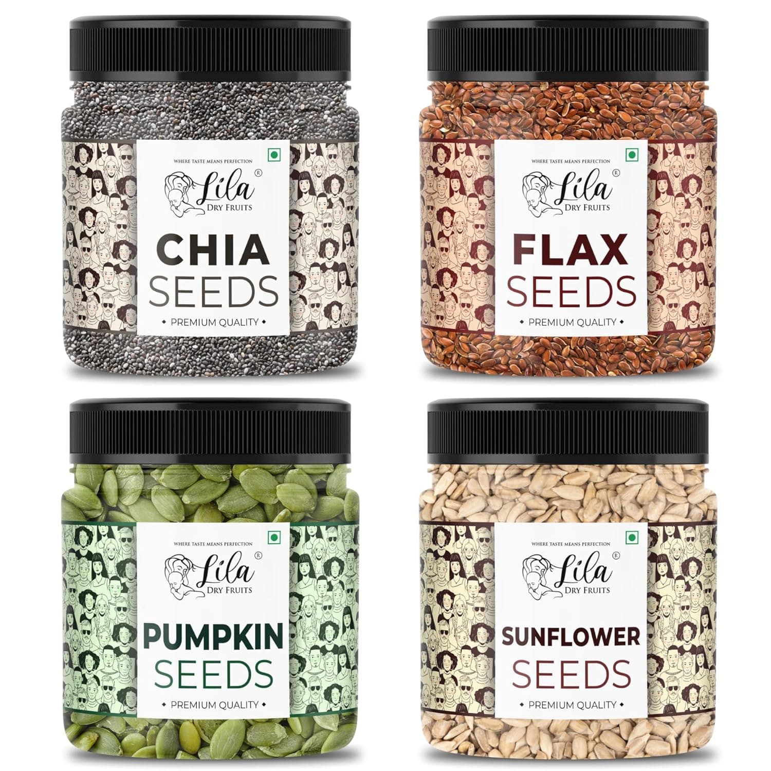 LILA DRY FRUITS 4 Superseed Combo (Chia, Pumpkin, Sunflower & Flax) 250gms each (1kg total) Immunity combo for Weight Management | Mix Seeds for Eating Diet Snacks Superfood Perfect for Gifting