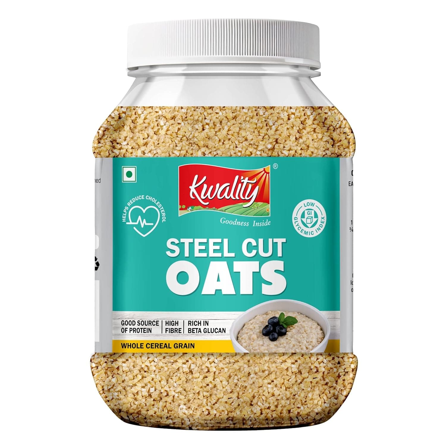 Kwality Steel Cut Oats 1.5 kg Jar Pack | Pure Wholegrain Oatmeal | High Fiber & Protein | Ideal for Weight Loss, Healthy Breakfast & Clean Eating Diet | 1500 g