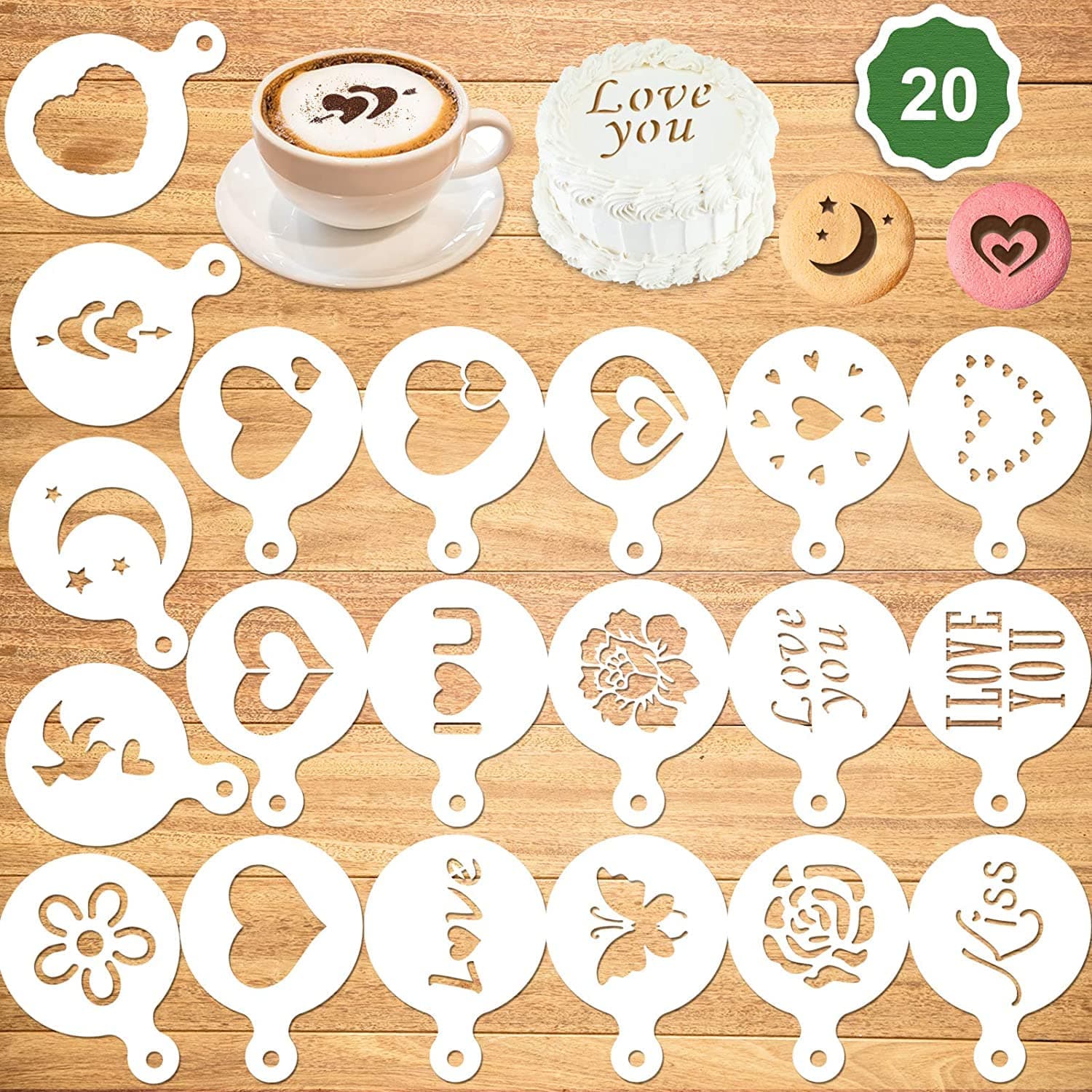 Ivana's 20Pack Valentine's Day Cake Stencil Templates Decoration, Reusable Valentine Day Cake Cookies Baking Painting Mold Tools, for Decorating Dessert Coffee Oatmeal Cappuccino Mousse Hot Chocolate